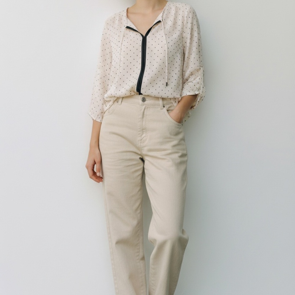 Liz Claiborne Petite PM Cream Diamond Print Tie-Neck Blouse Top